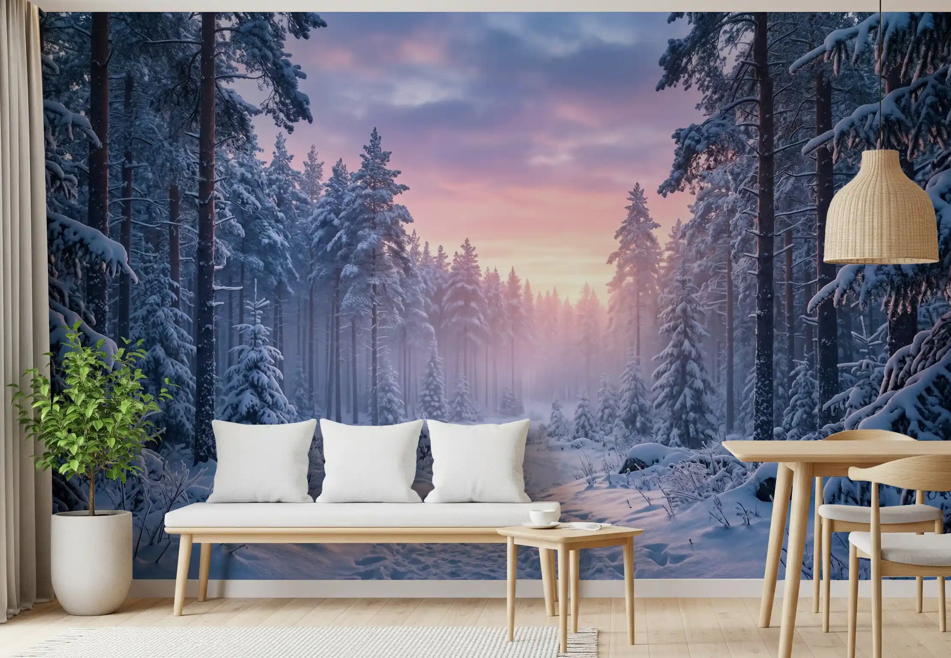 Lounge area wall mural with snowy woodland and a pastel horizon glow at first light