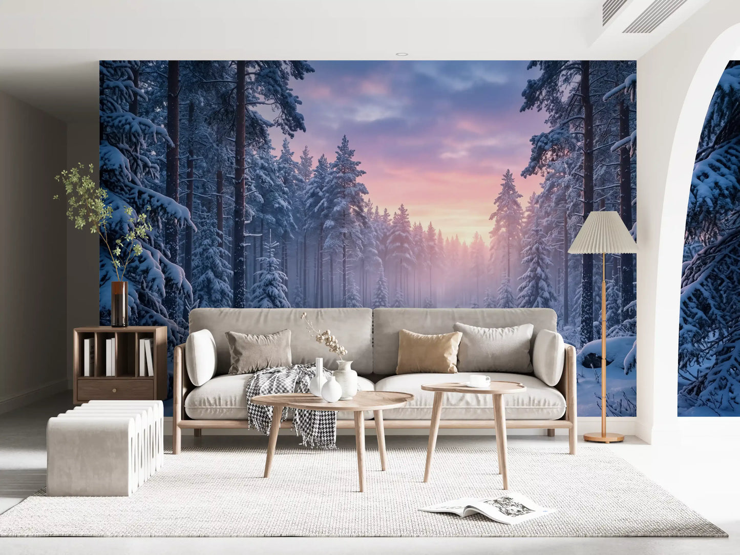 Entryway wall mural where snowy pine path meets dreamy pastel dawn atmosphere glow