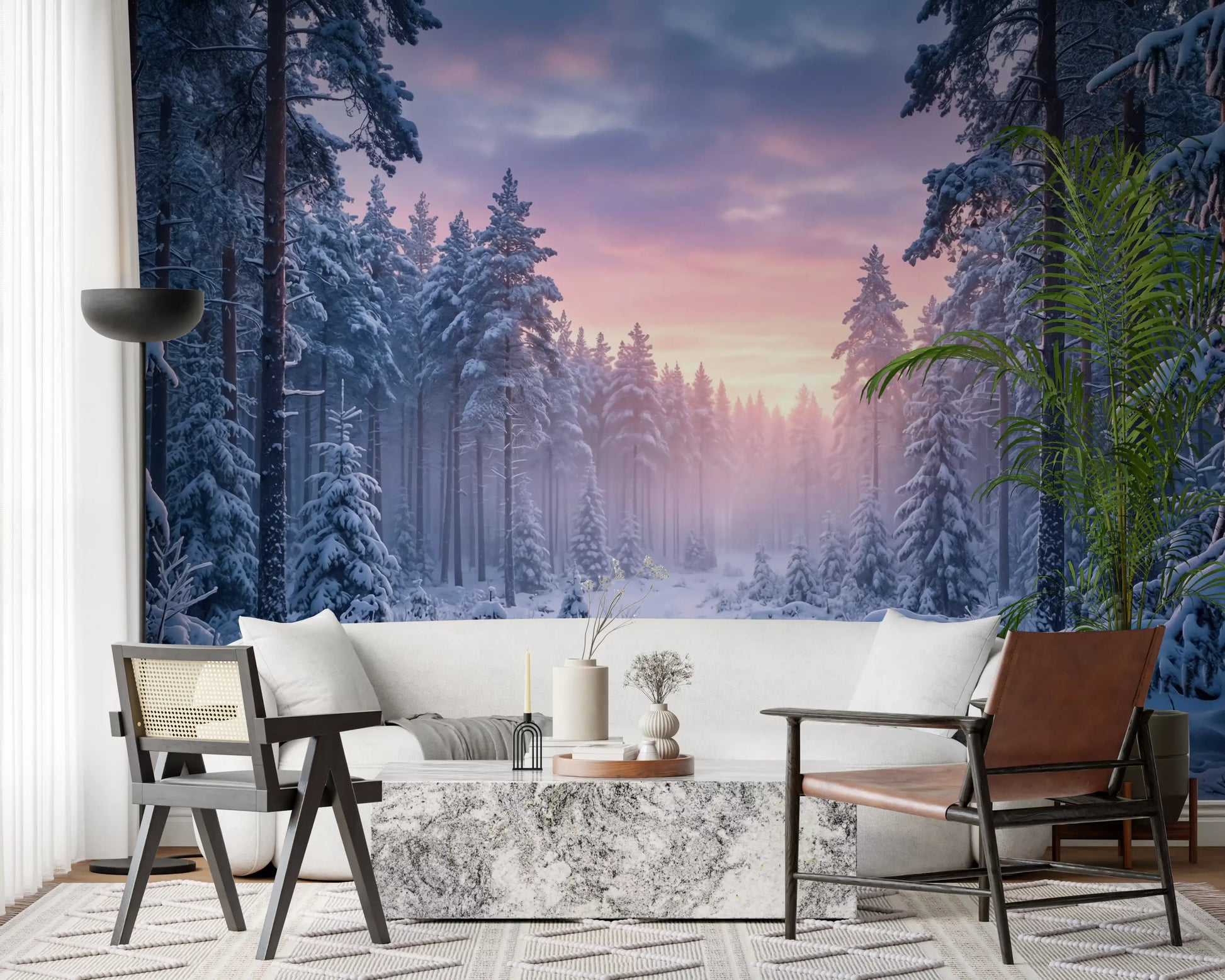 Home Office wall mural capturing snowy woodland path and gentle pink-blue winter light