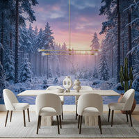 Snow-covered path and tranquil pastel forest light enrich this Dining room wall mural