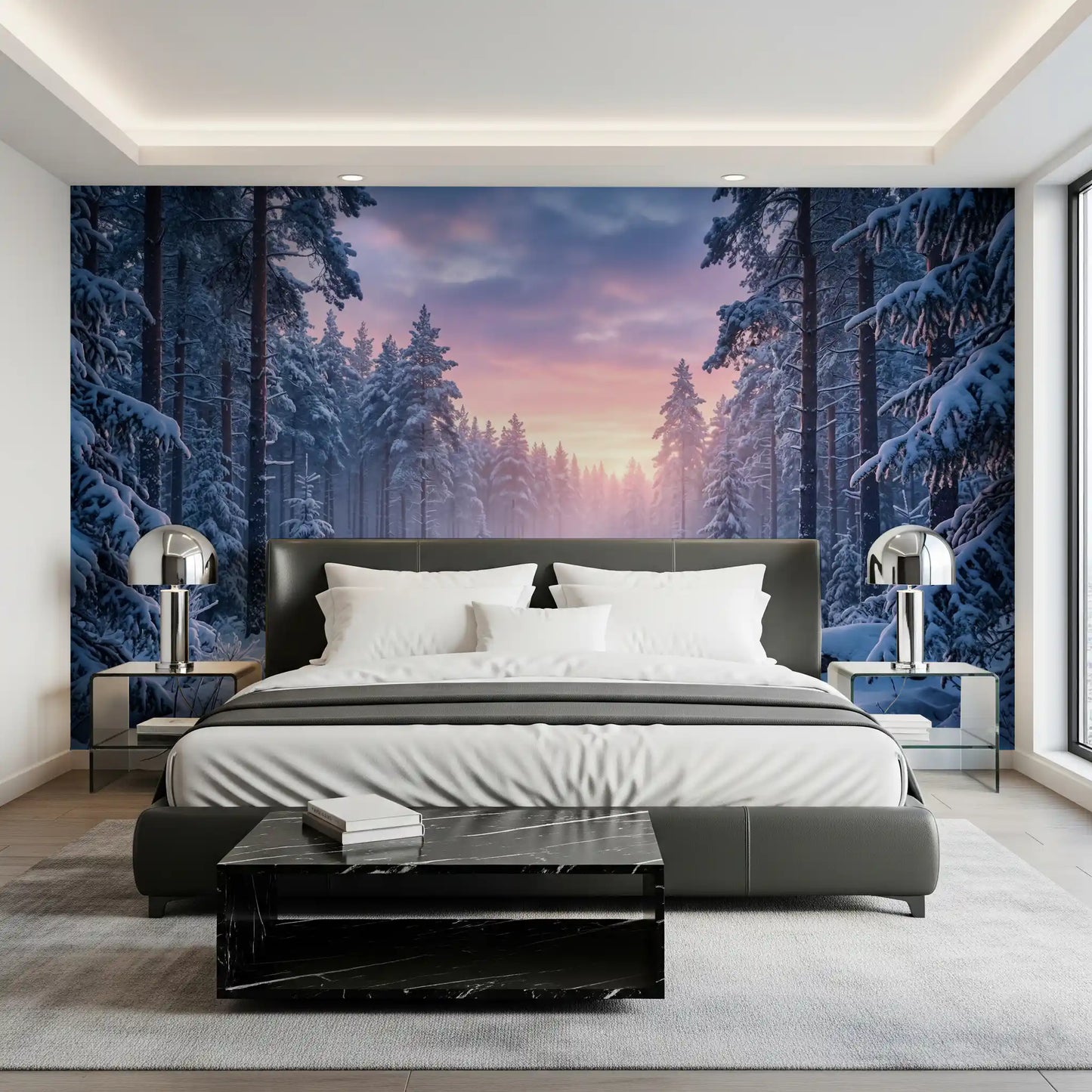 A frosted trail and soft pastel horizon shape this bedroom wall mural beautifully