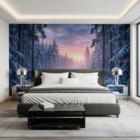 A frosted trail and soft pastel horizon shape this bedroom wall mural beautifully