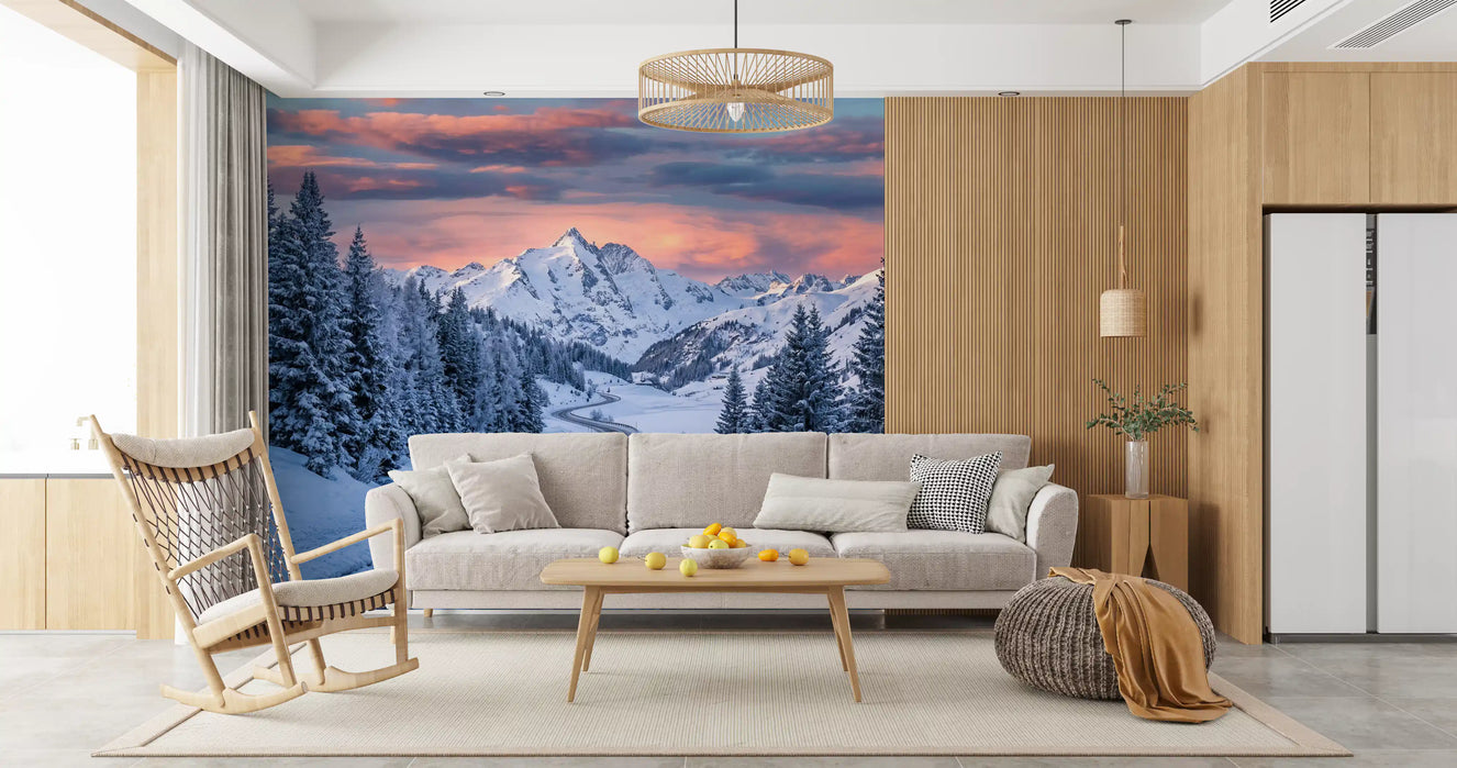 Alpine road sunset wall mural bringing glowing winter peaks into the living room