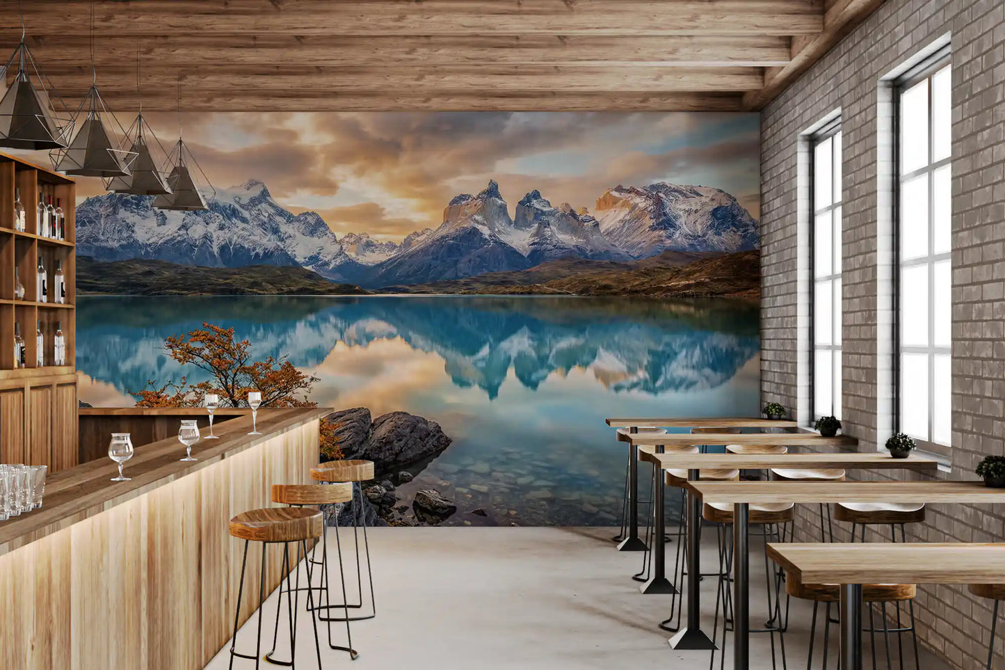 Restaurants wall mural showing golden sky reflection across serene Patagonia water