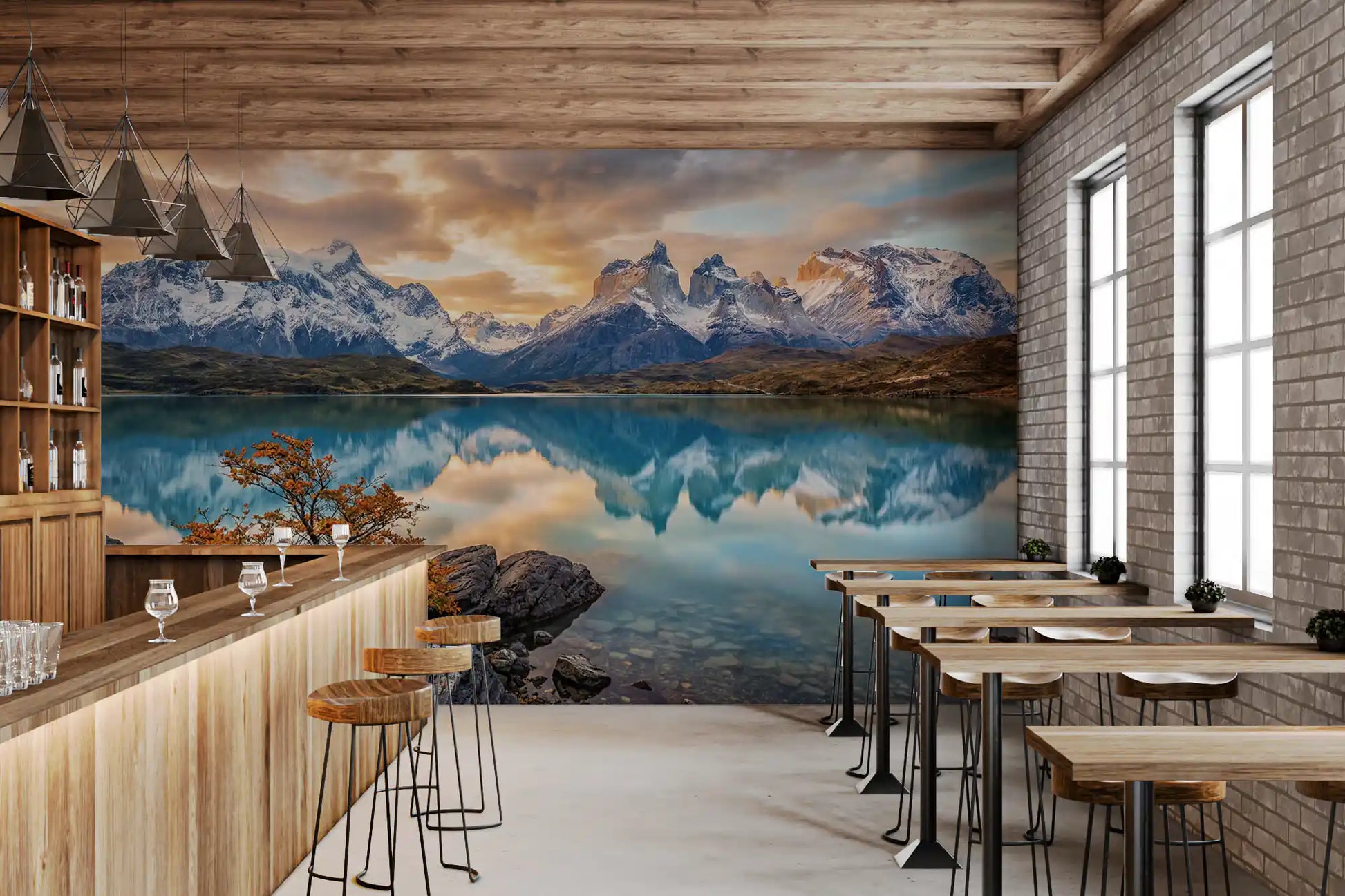 Restaurants wall mural showing golden sky reflection across serene Patagonia water