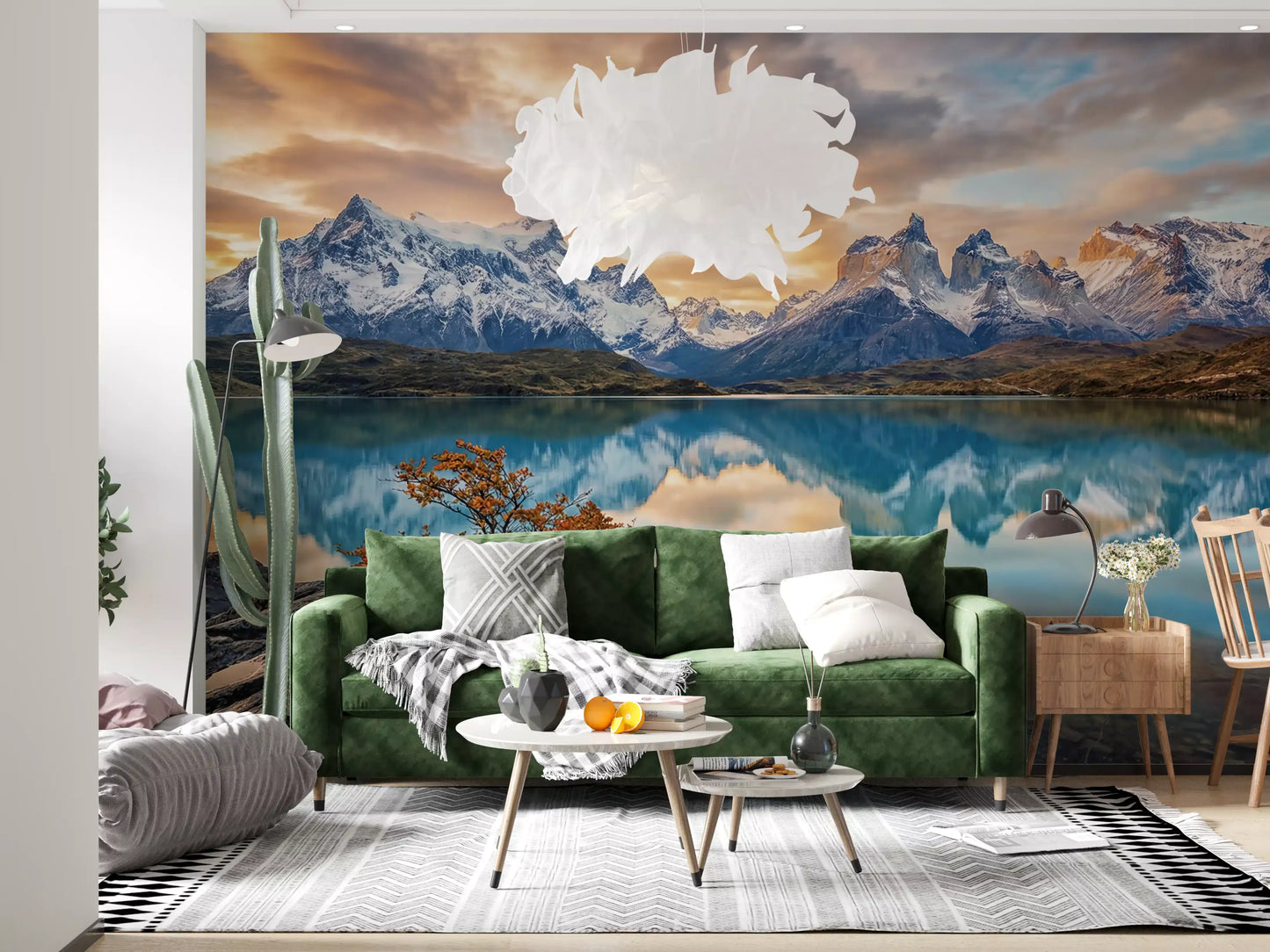 Entryway wall mural featuring autumn peaks reflection and rocky lakeside detail
