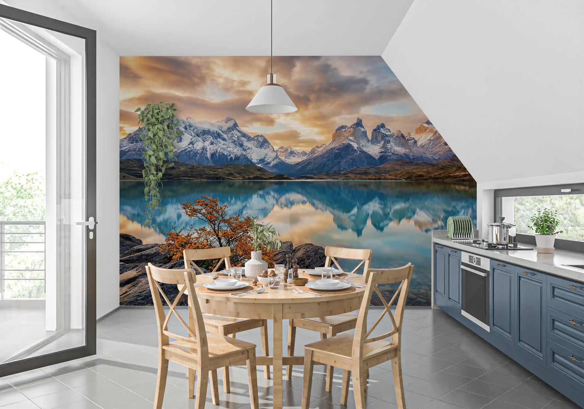 KItchen and Dining room wall mural featuring mirrored peaks and wide Patagonian lake view