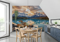 KItchen and Dining room wall mural featuring mirrored peaks and wide Patagonian lake view