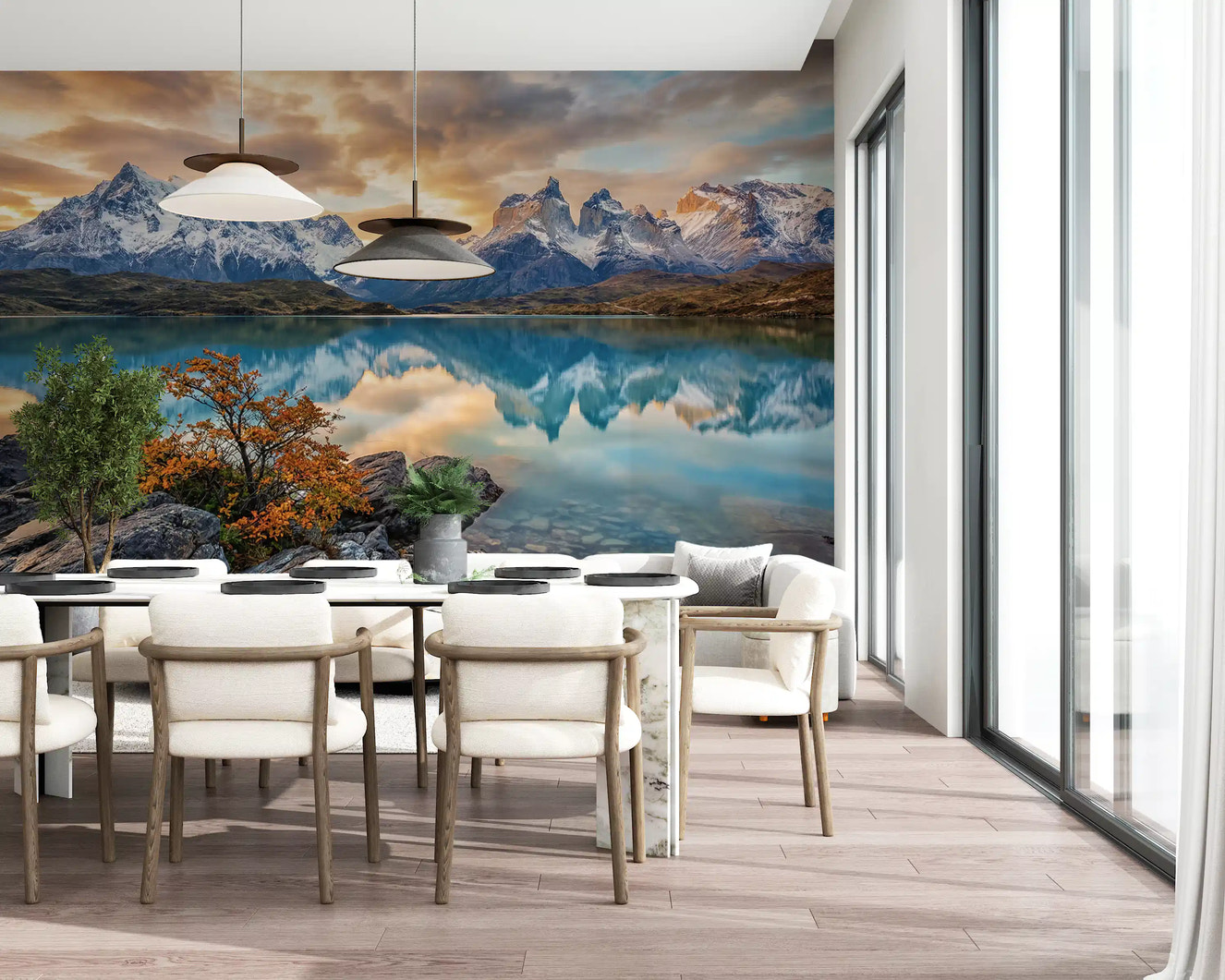 Dining room wall mural with Patagonia reflection and autumn mountain lake glow view
