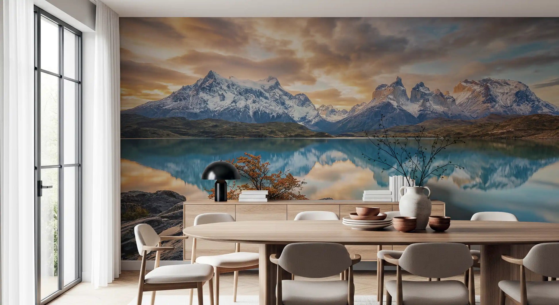 Dining room wall mural showing Patagonia autumn peaks and turquoise water mirror detail