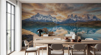 Dining room wall mural showing Patagonia autumn peaks and turquoise water mirror detail