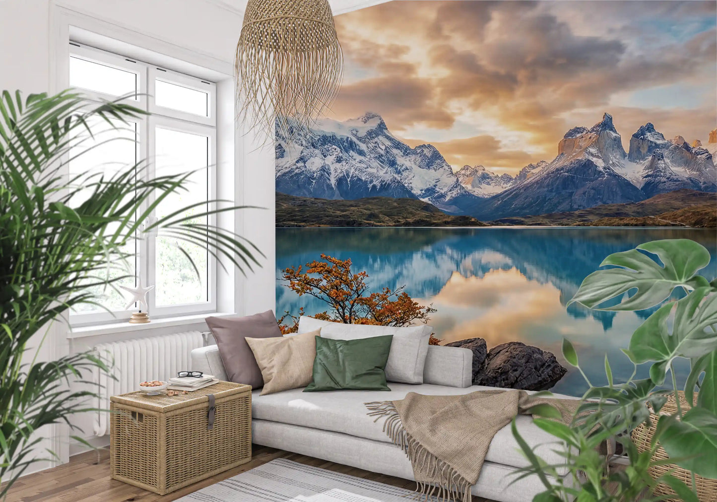 Living room wall mural featuring mirrored Patagonia peaks and soft golden autumn light