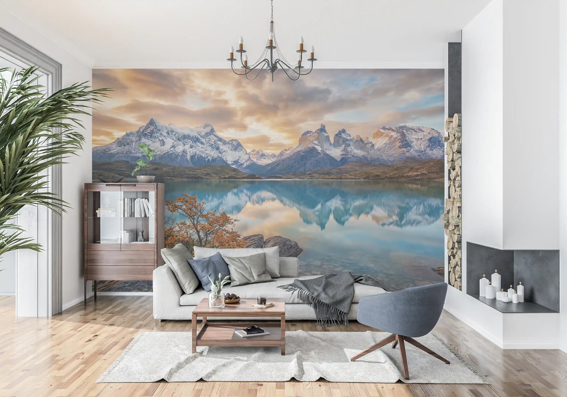 Home Office wall mural with autumn reflection scene and a calm Patagonia lake backdrop