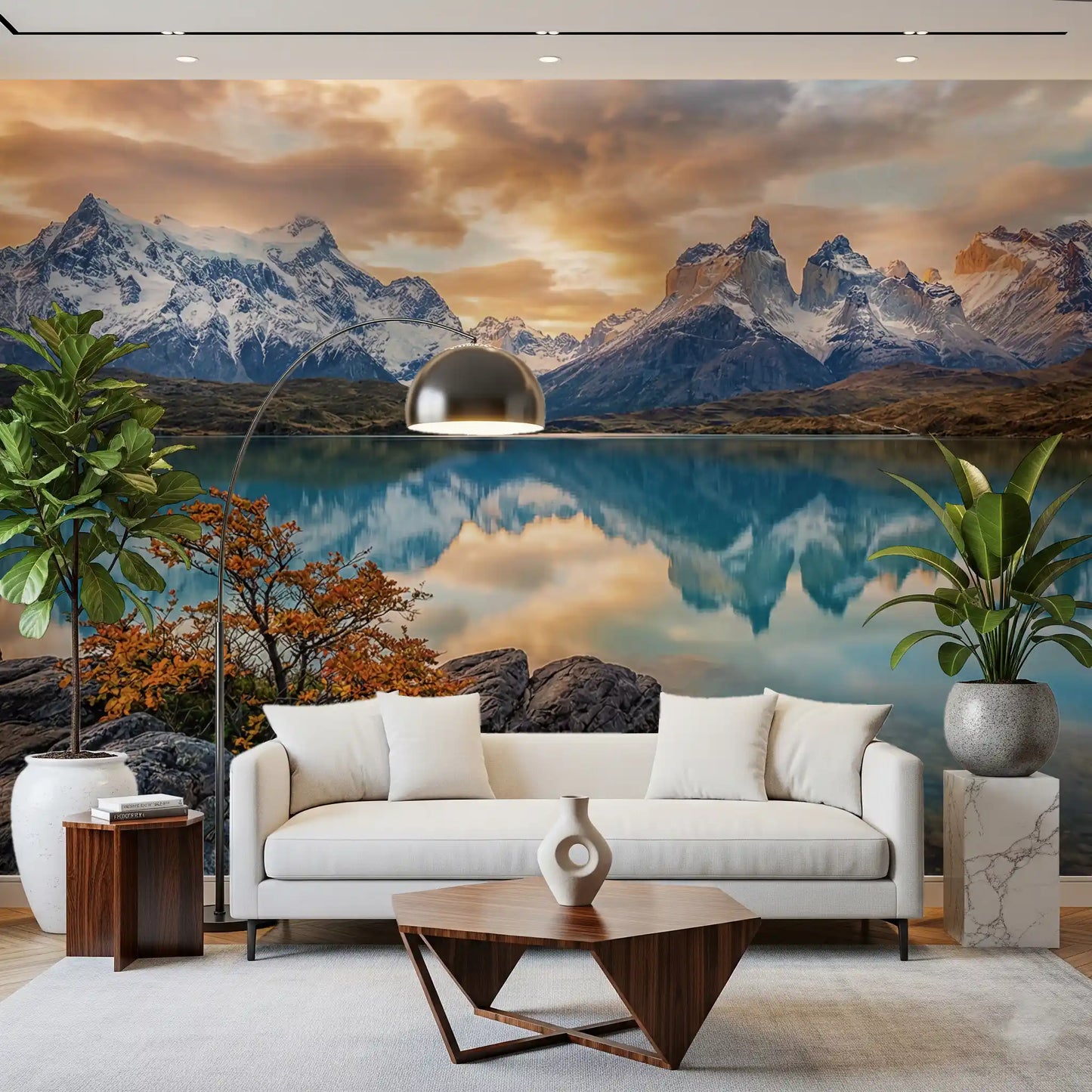 Hallway wall mural with mirrored mountain lake and warm Patagonia sky tones above