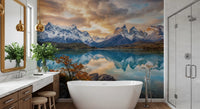 Bathroom wall mural with autumn mountain reflections and calm Patagonia scenery