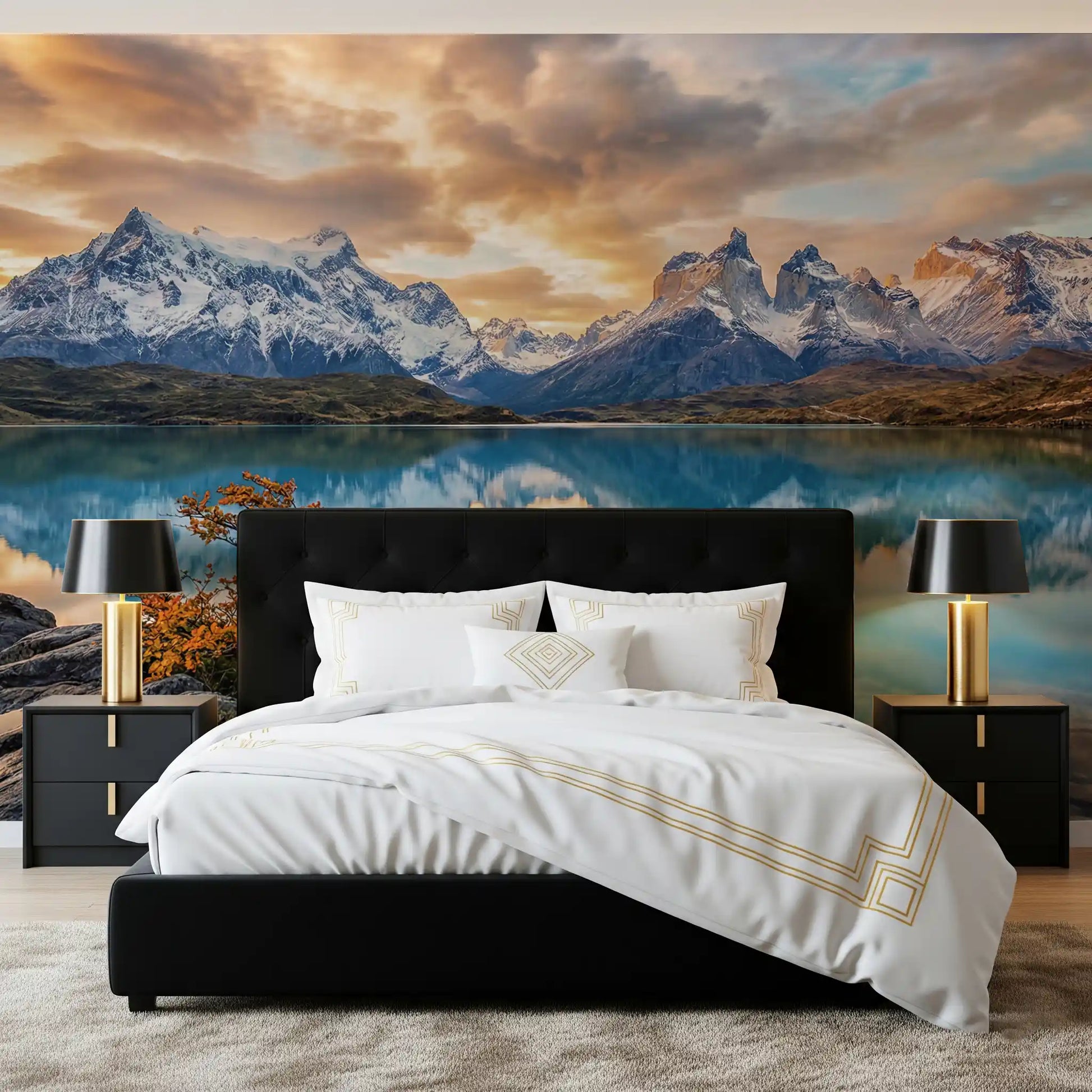 Bedroom area wall mural with Patagonia lake mirror and snow-lined peak horizon view