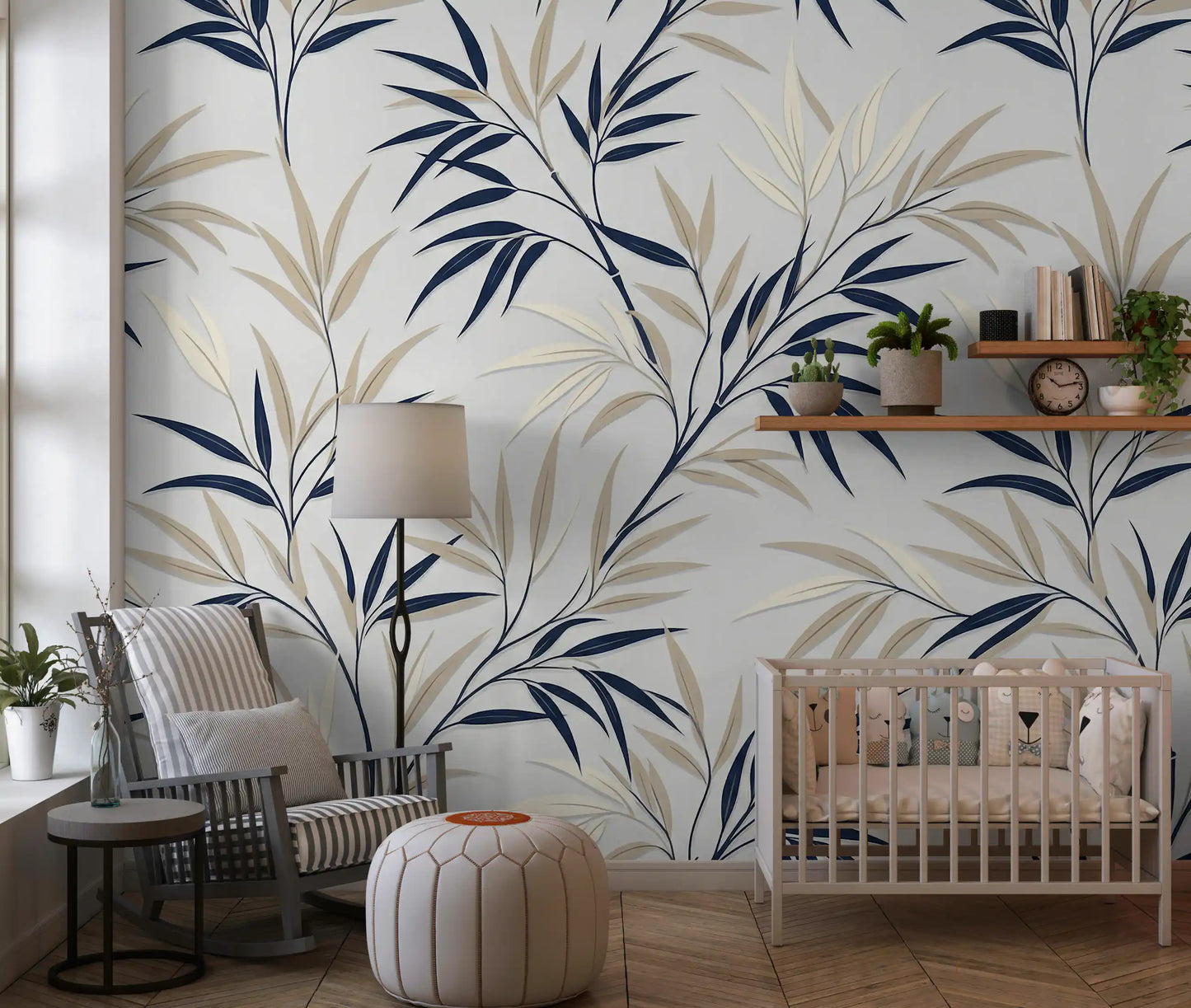 Soft bamboo wall mural design with neutral tones in kids room