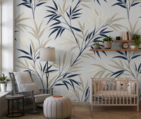 Soft bamboo wall mural design with neutral tones in kids room