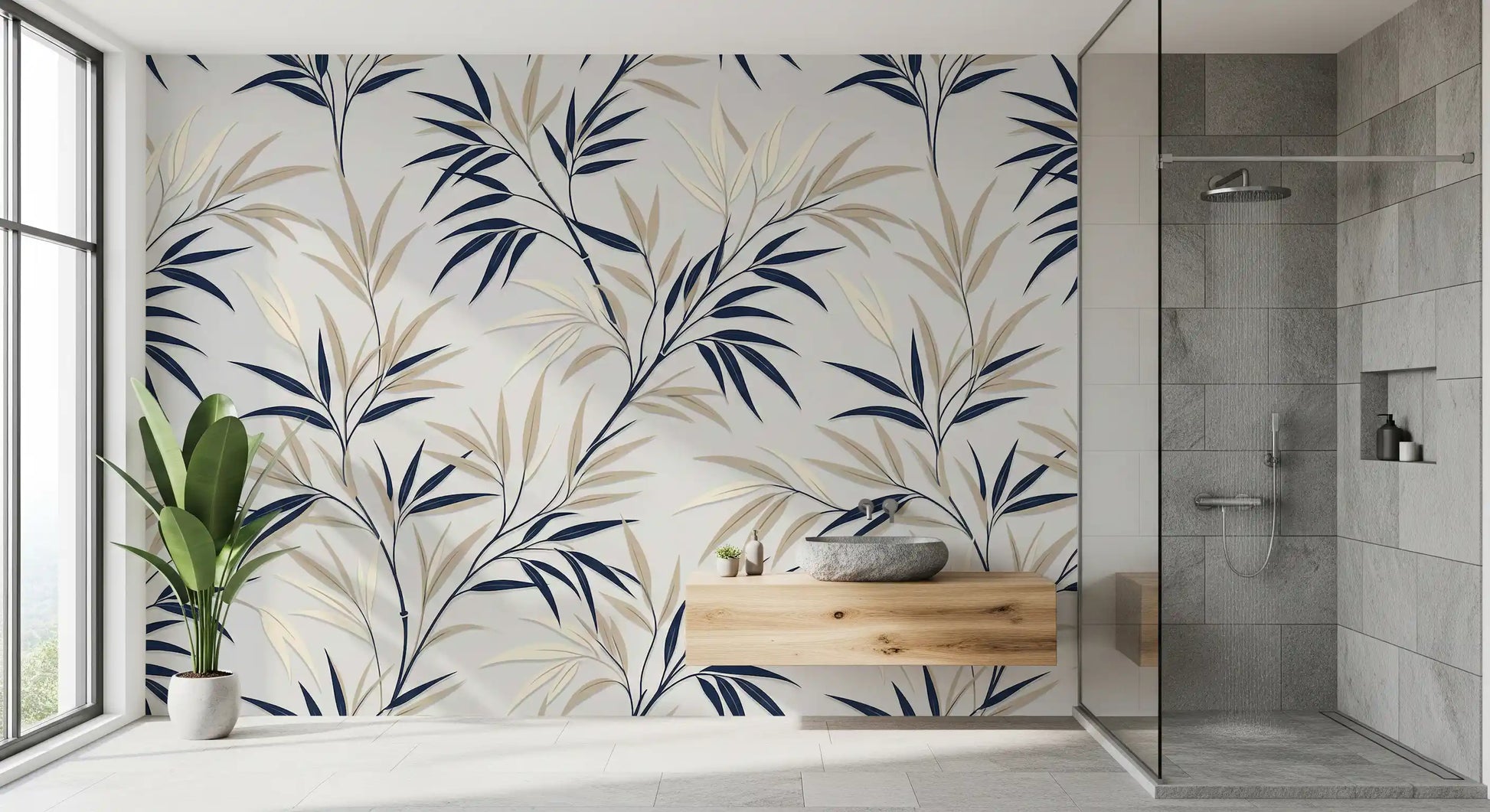 Bamboo leaf wall mural with navy accents in bathroom interior setting