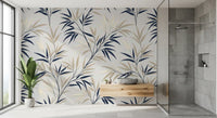 Bamboo leaf wall mural with navy accents in bathroom interior setting