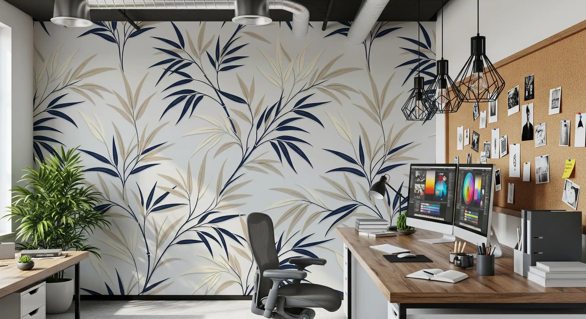 Minimal bamboo leaf wall mural pattern in study room setting