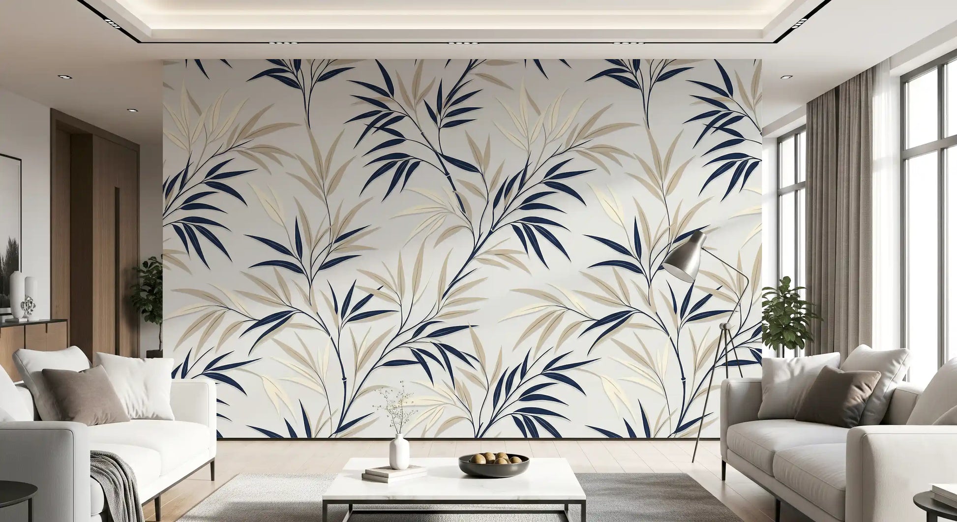 Navy and beige bamboo wall mural for modern interior spaces