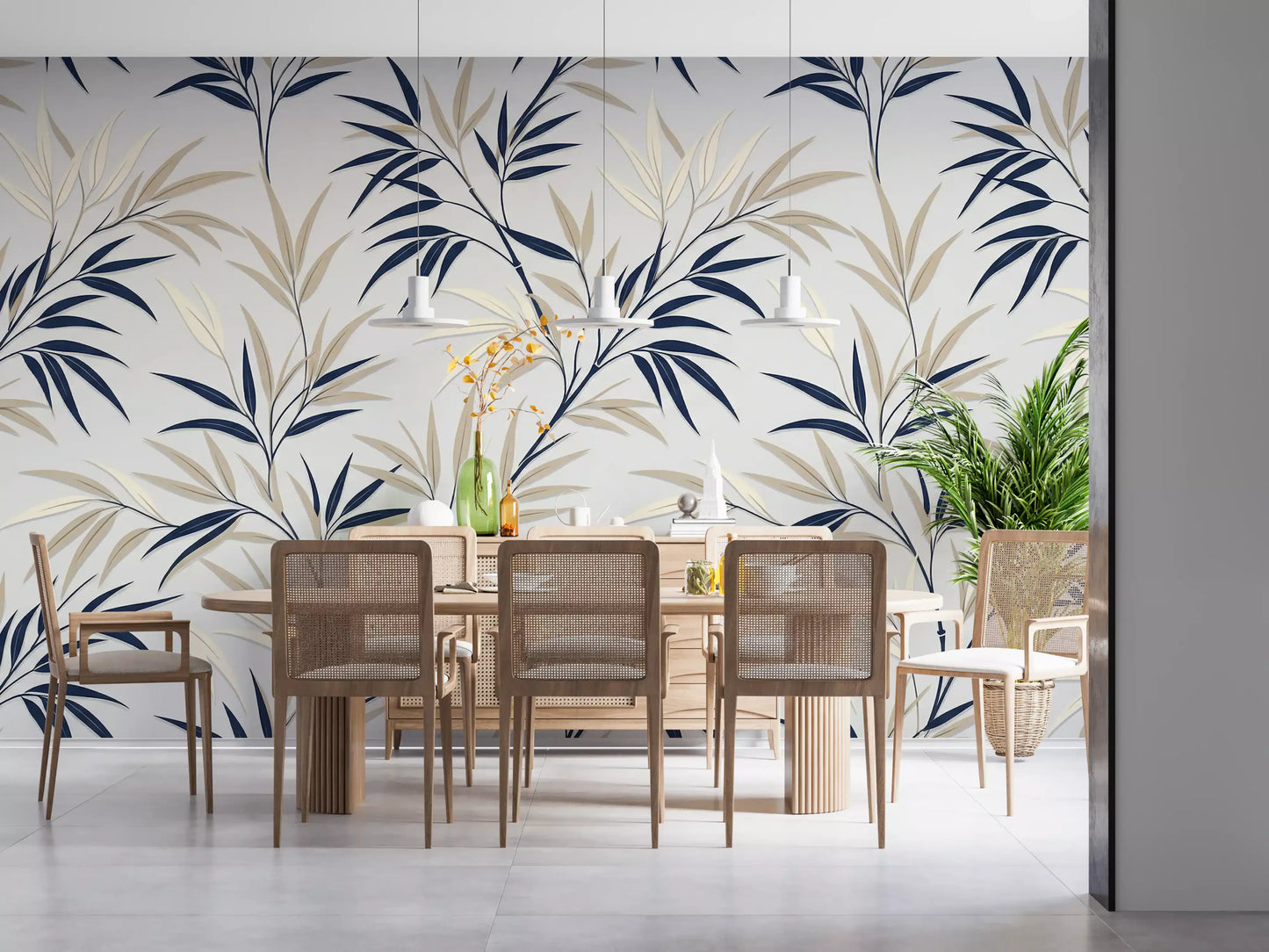 Neutral bamboo wall mural design in dining room with calm pattern