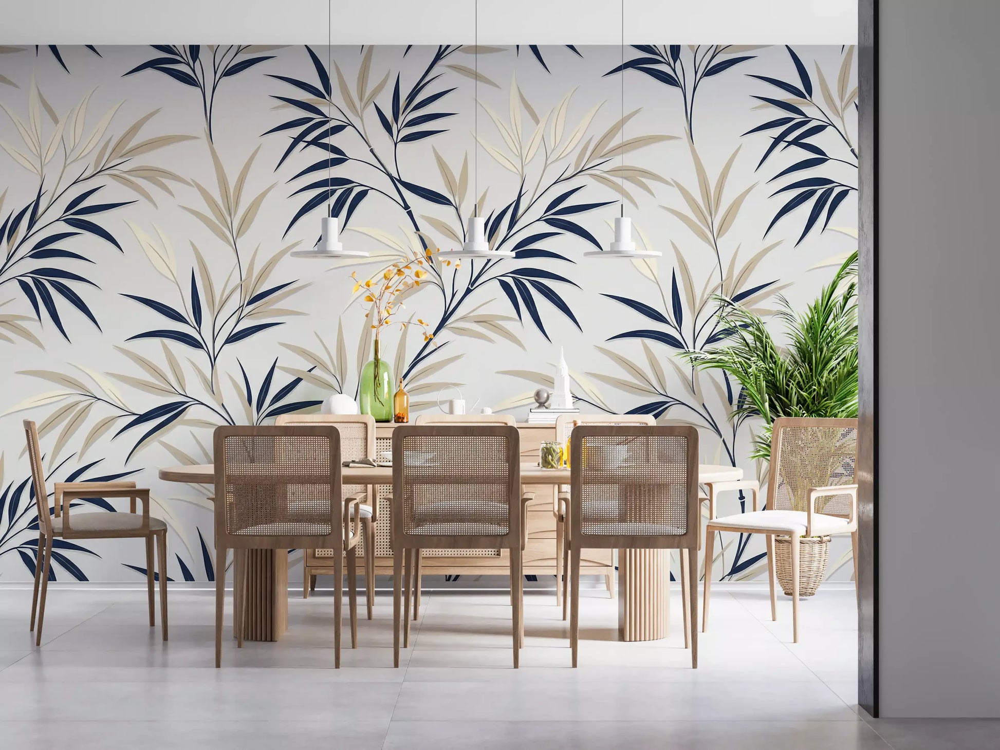 Neutral bamboo wall mural design in dining room with calm pattern