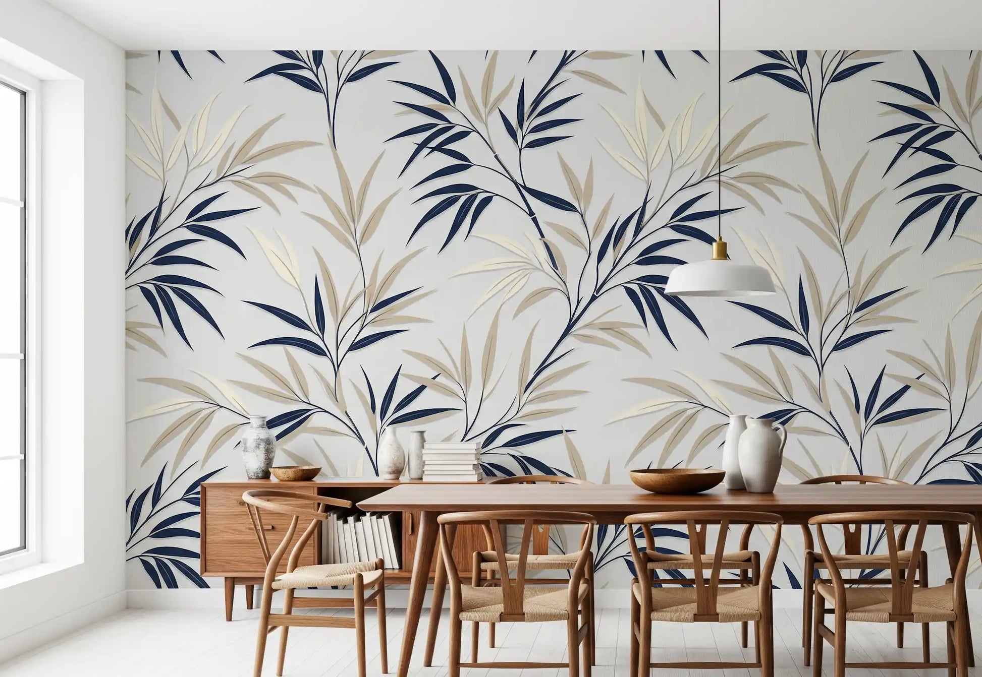 Botanical bamboo mural with flowing leaf pattern in dining room