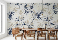 Botanical bamboo mural with flowing leaf pattern in dining room