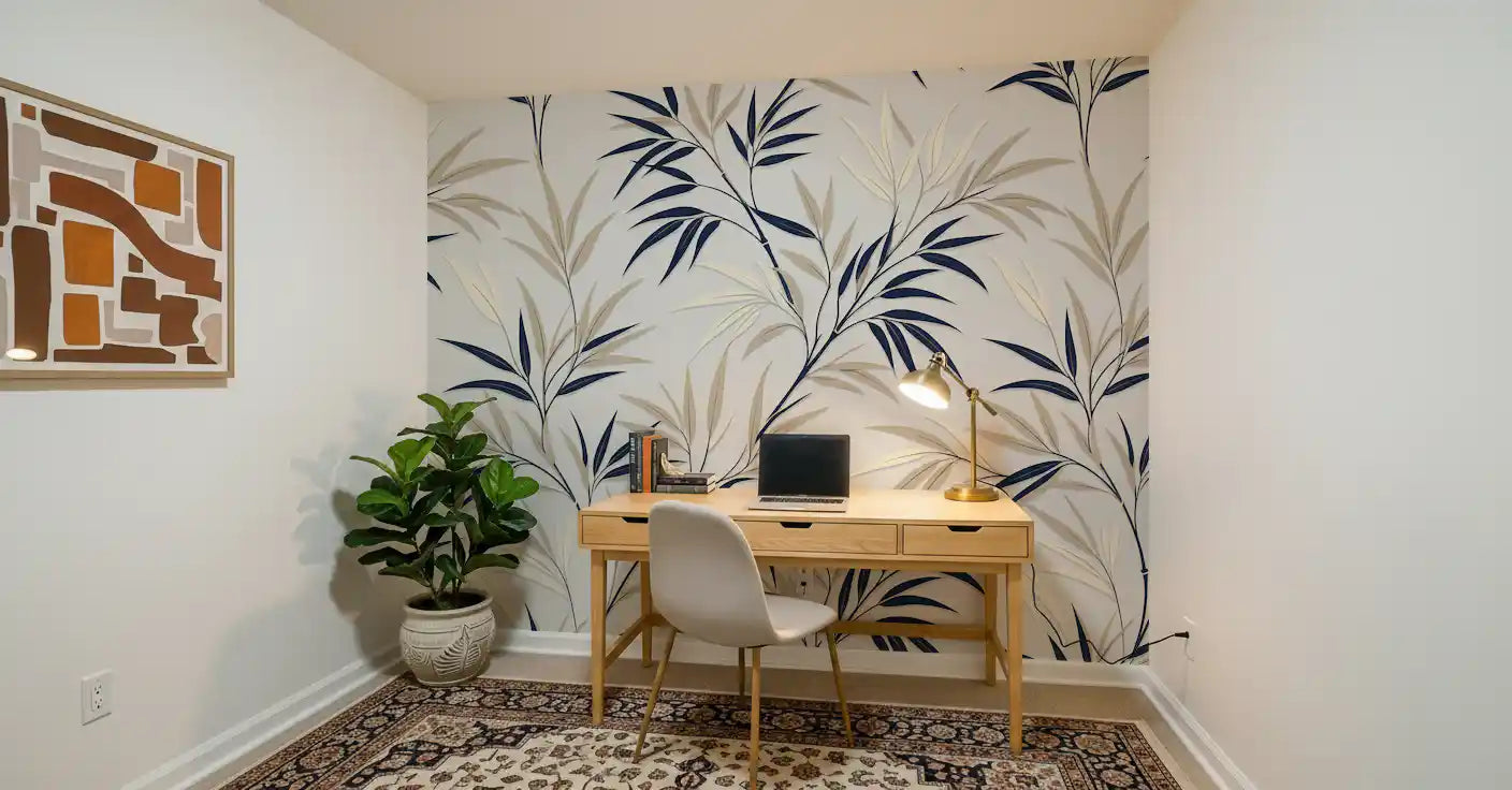 Botanical bamboo wall mural pattern in study room with soft neutral tones