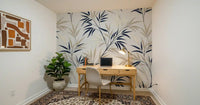 Botanical bamboo wall mural pattern in study room with soft neutral tones
