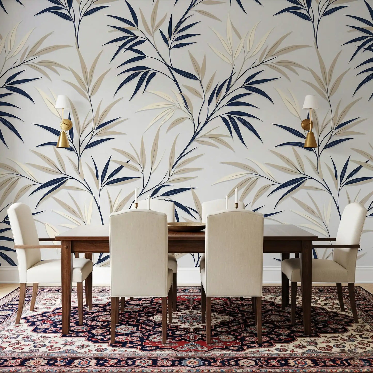 Elegant bamboo wall mural with soft beige tones in dining room