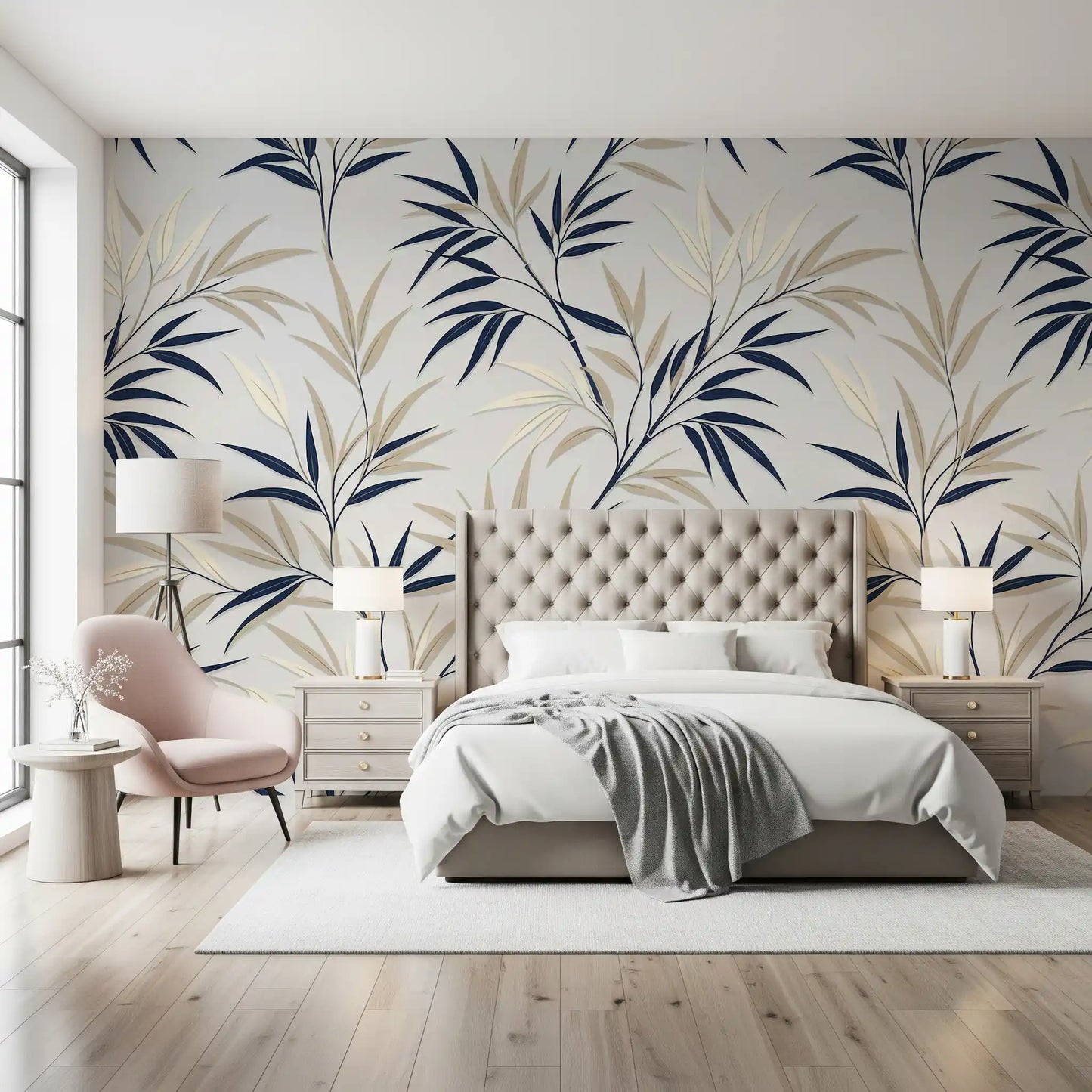 Serene bamboo botanical wall mural with repeating leaf layout