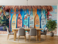 Tropical Surf Shack wall mural with colorful surfboards in dining room