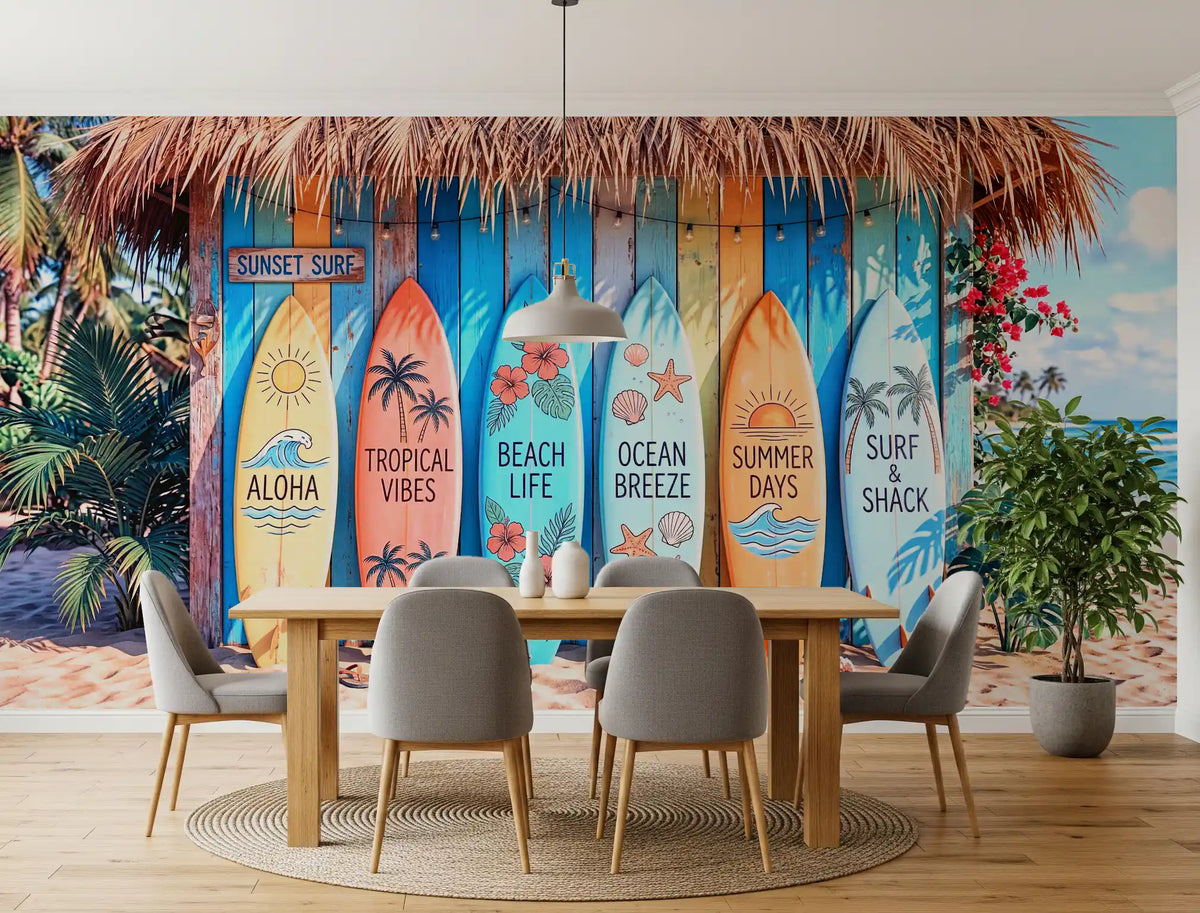 Tropical Surf Shack wall mural with colorful surfboards in dining room