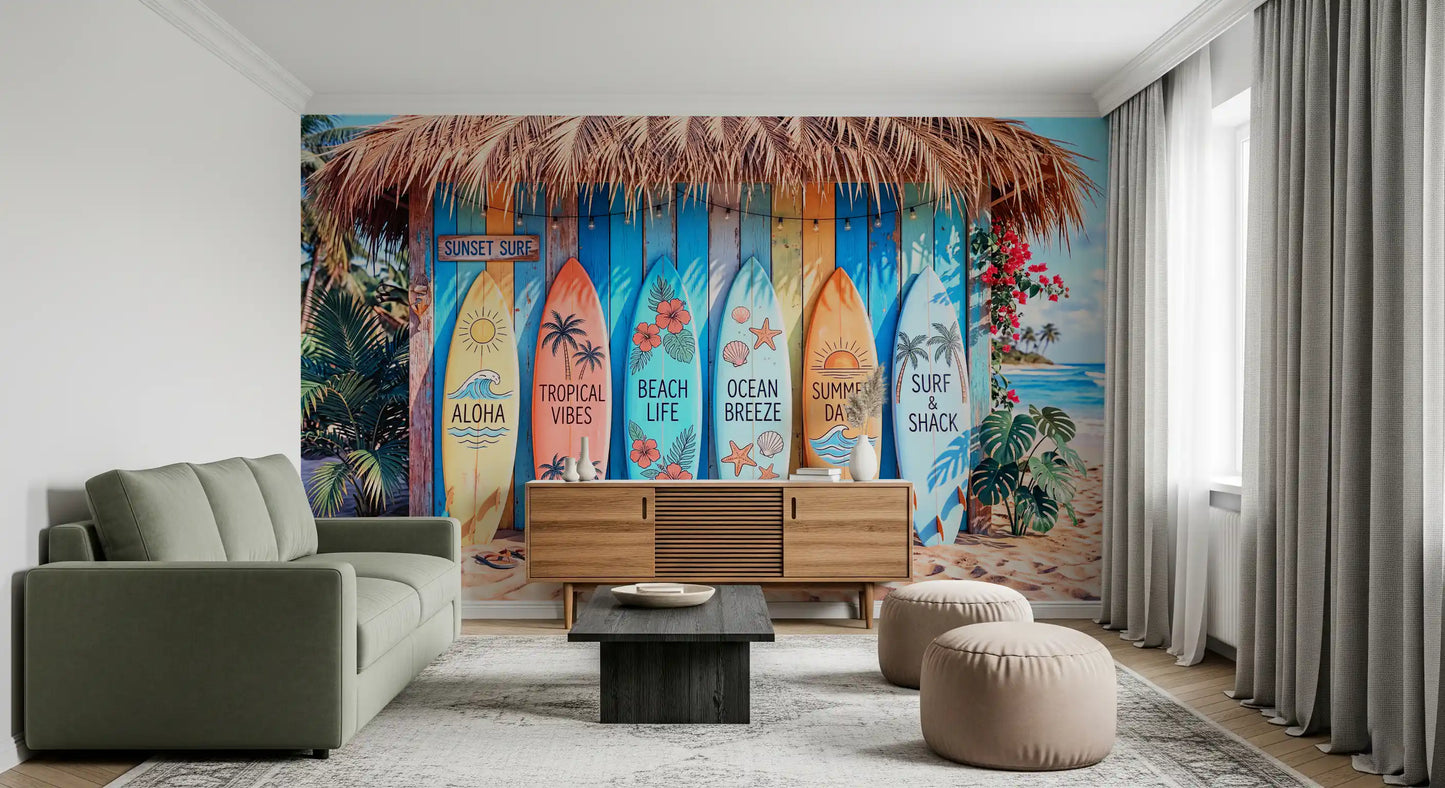Surf shack mural with bright tropical colors in office room