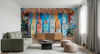Surf shack mural with bright tropical colors in office room