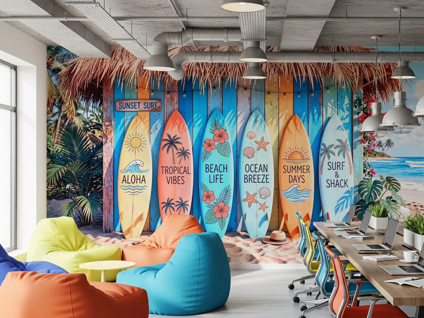 Vibrant surf shack wall mural with ocean theme in hallway