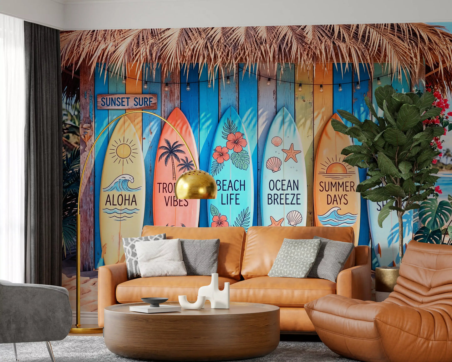 Ocean-inspired wall mural with surf shack design for living room