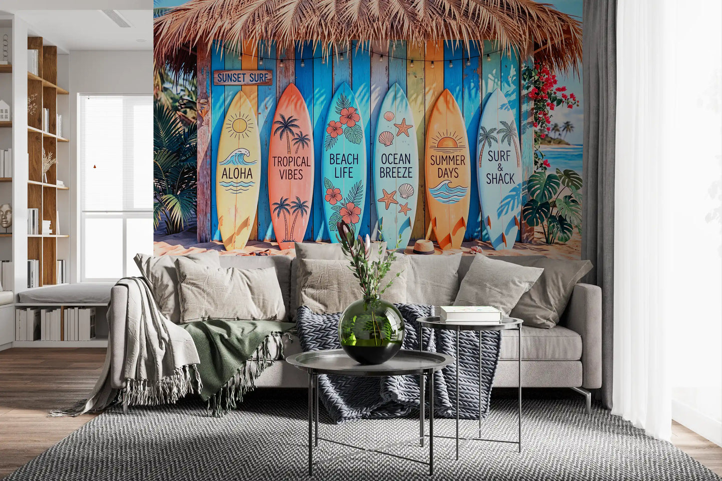 Coastal surfboard wall mural with tropical beach setting
