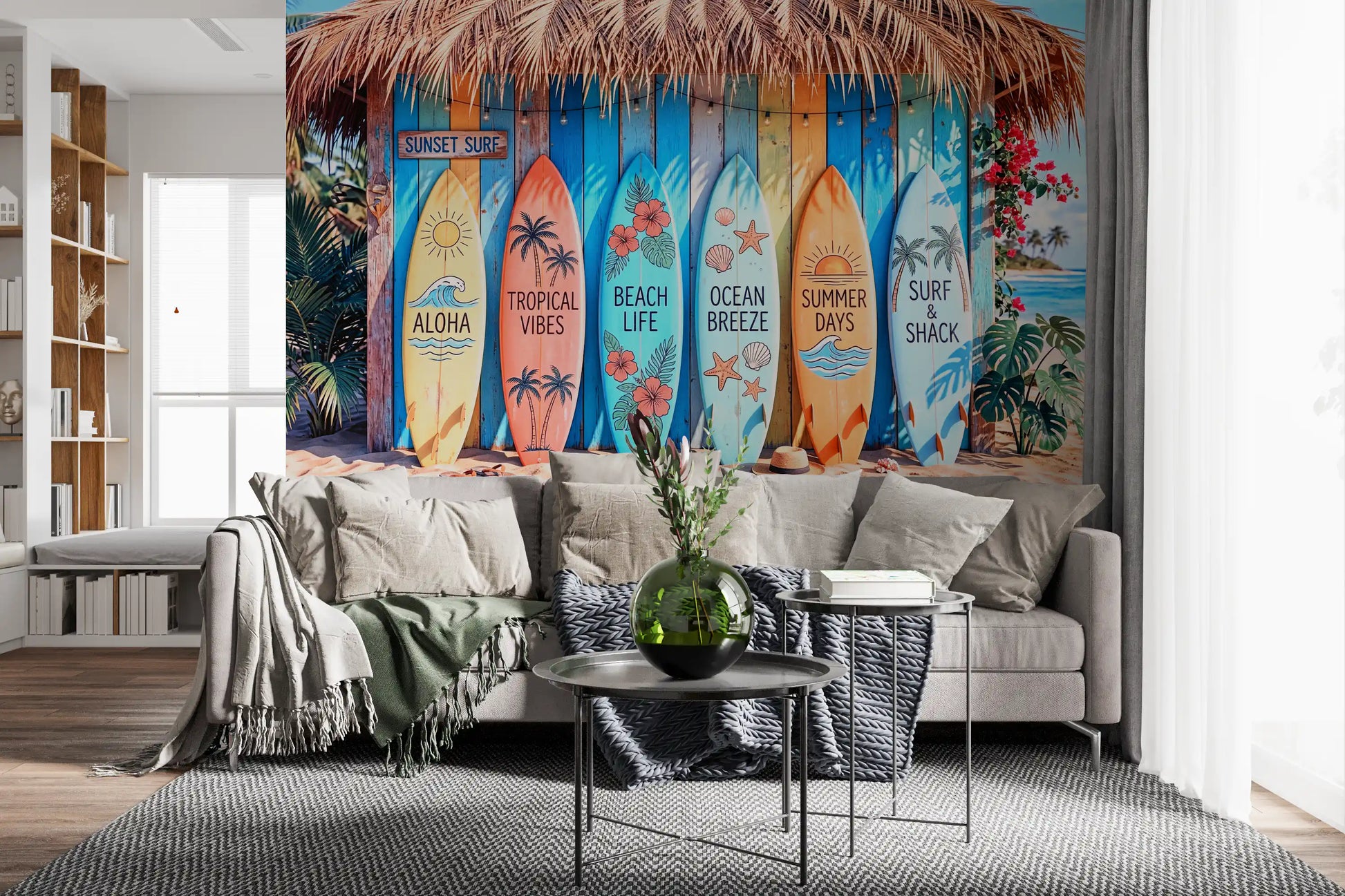 Coastal surfboard wall mural with tropical beach setting