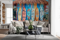 Coastal surfboard wall mural with tropical beach setting