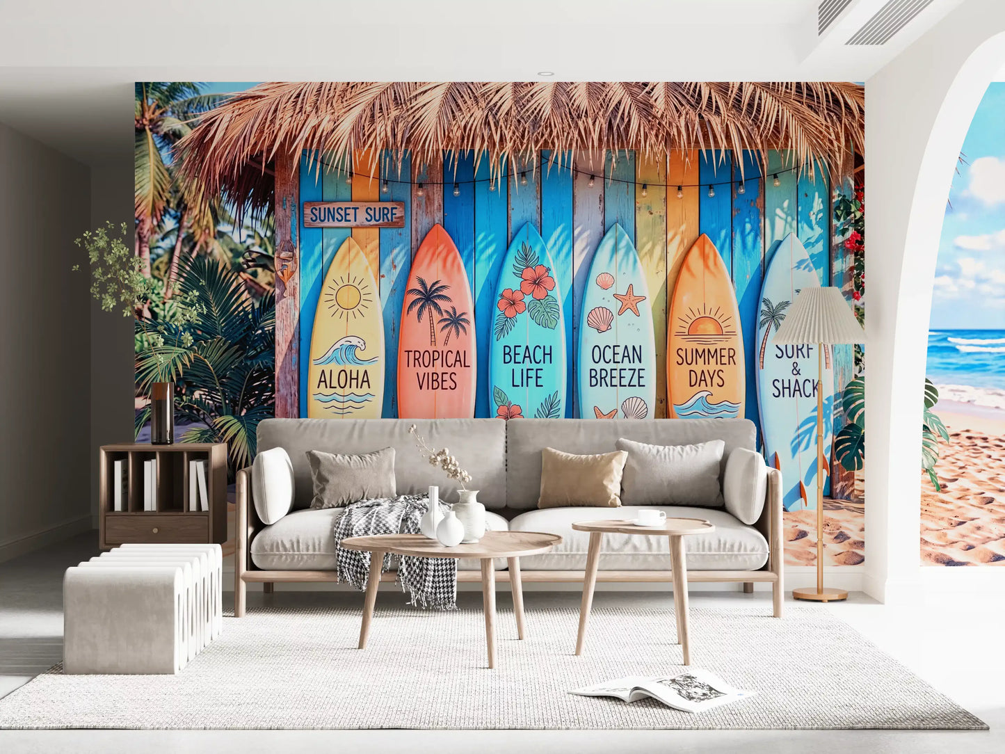 Beach vibe wall mural featuring surfboards and palm graphics