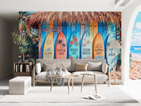 Beach vibe wall mural featuring surfboards and palm graphics