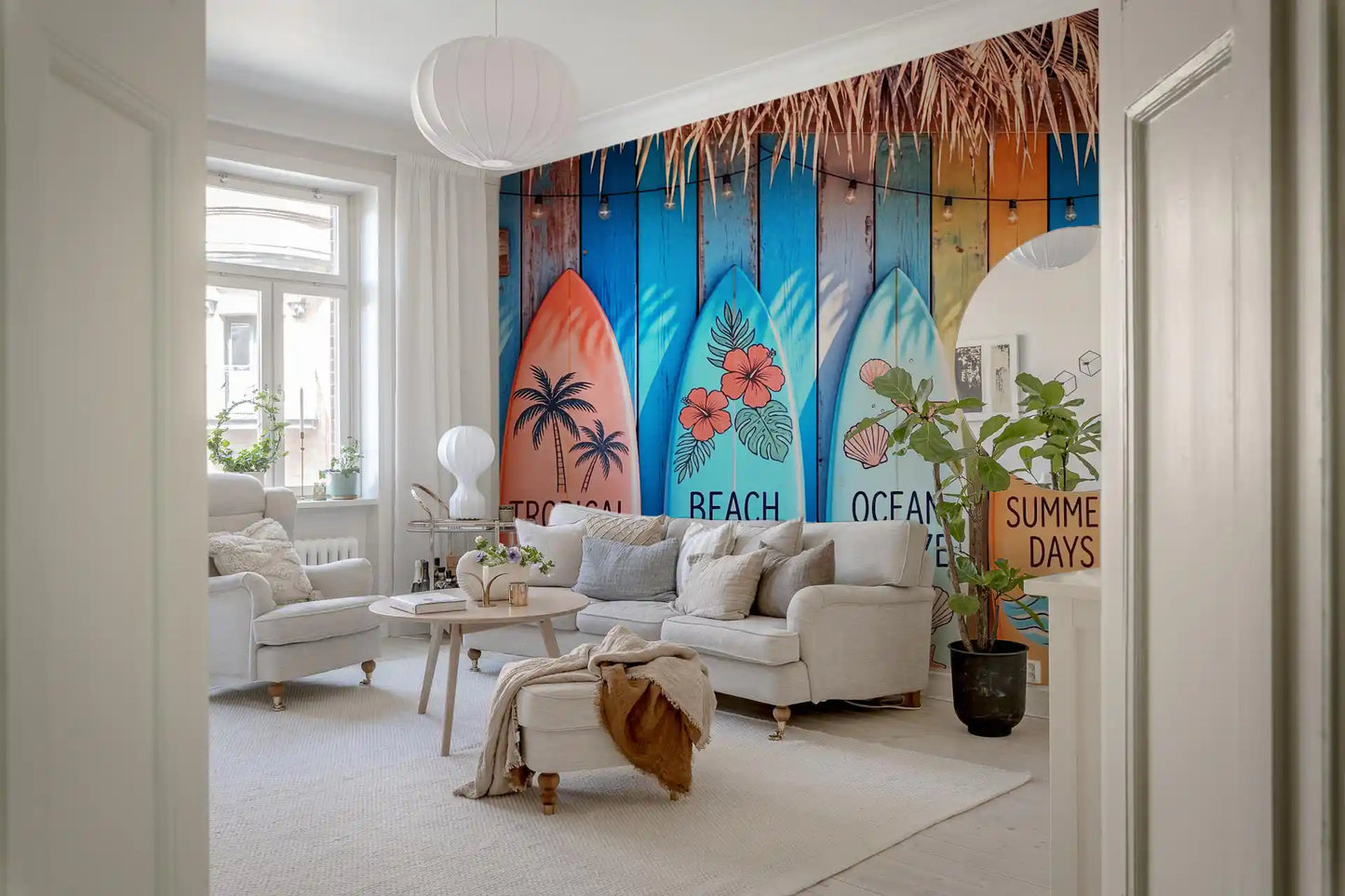 Colorful beach wall mural, surfboard mural in dining room