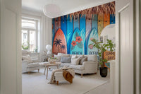 Colorful beach wall mural, surfboard mural in dining room