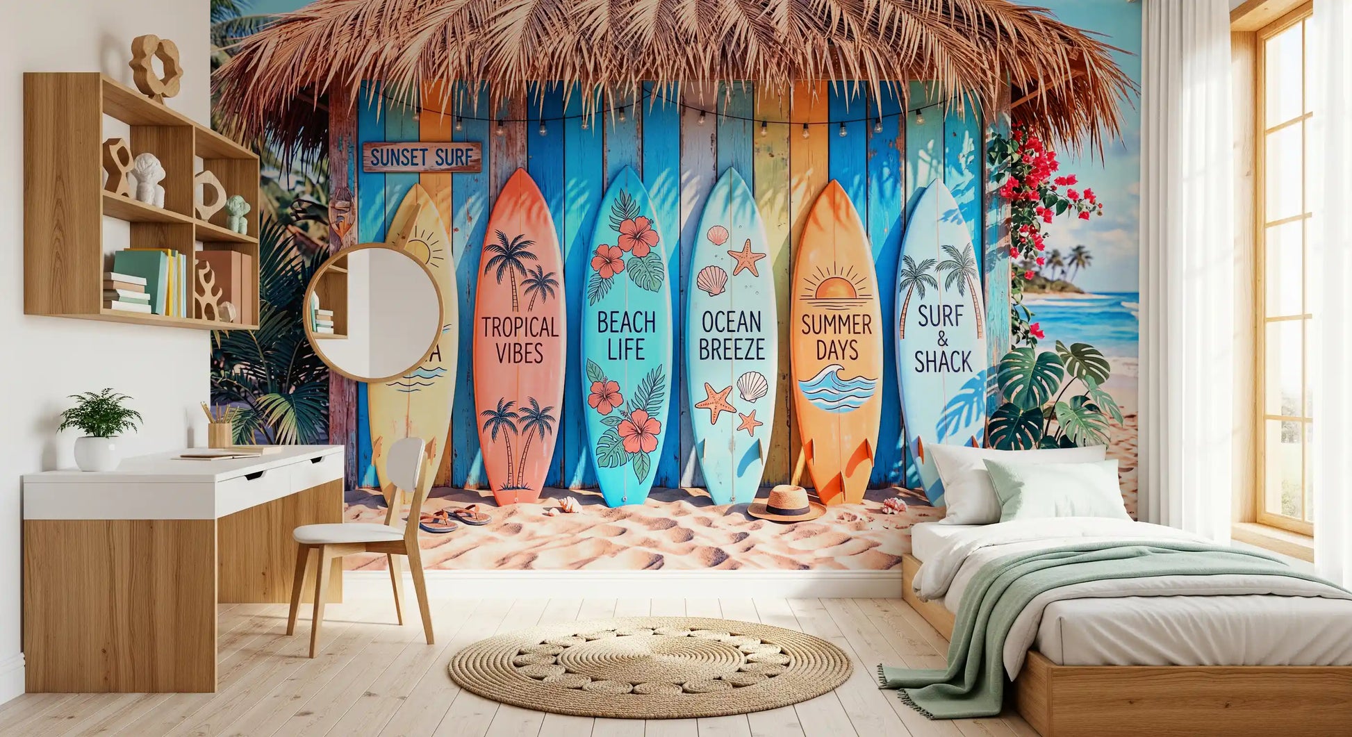 Beach surfboard wall mural, tropical coastal wall mural in bedroom