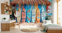 Beach surfboard wall mural, tropical coastal wall mural in bedroom
