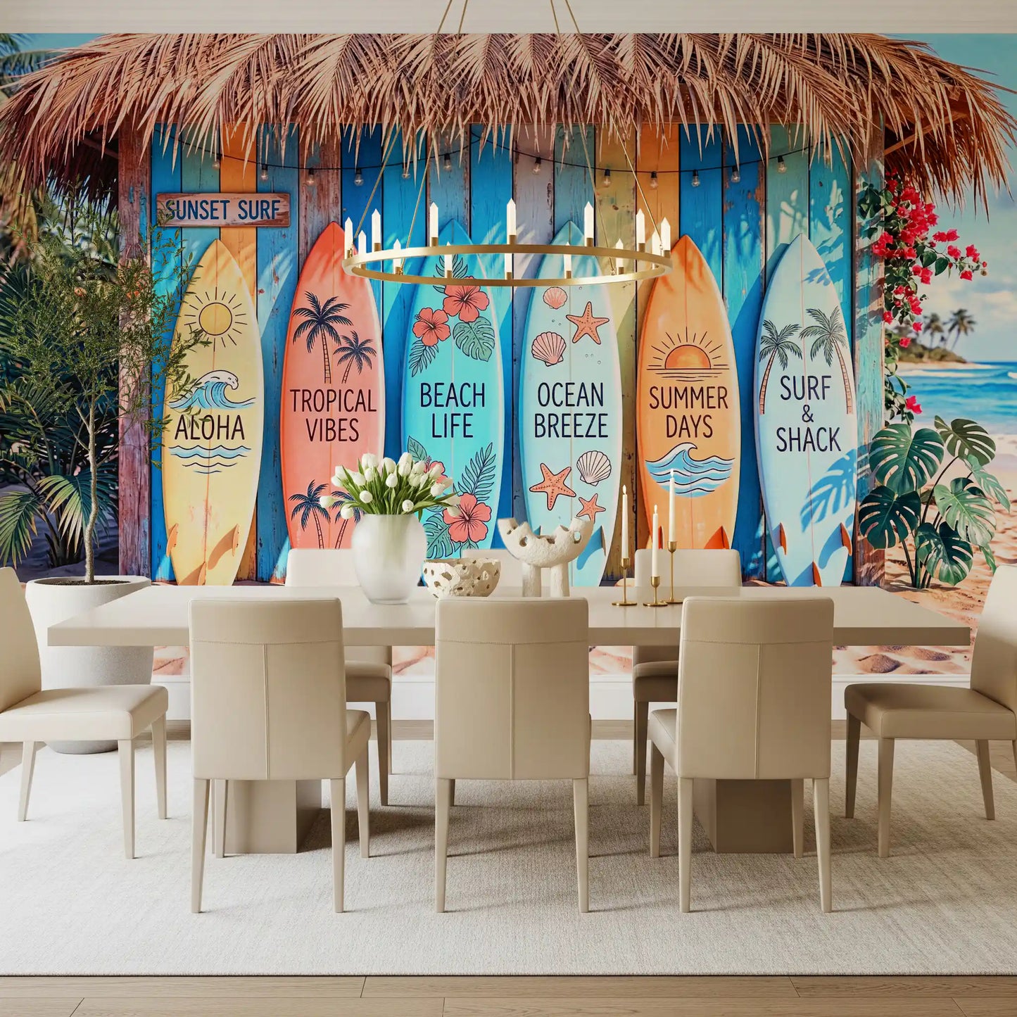 Summer beach wall mural with colorful surfboards display